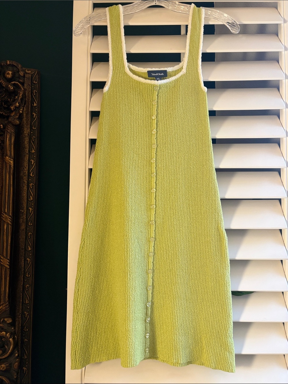 Modcloth Lime Green Knit Dress with Mock Button-Front & White Trim size XS